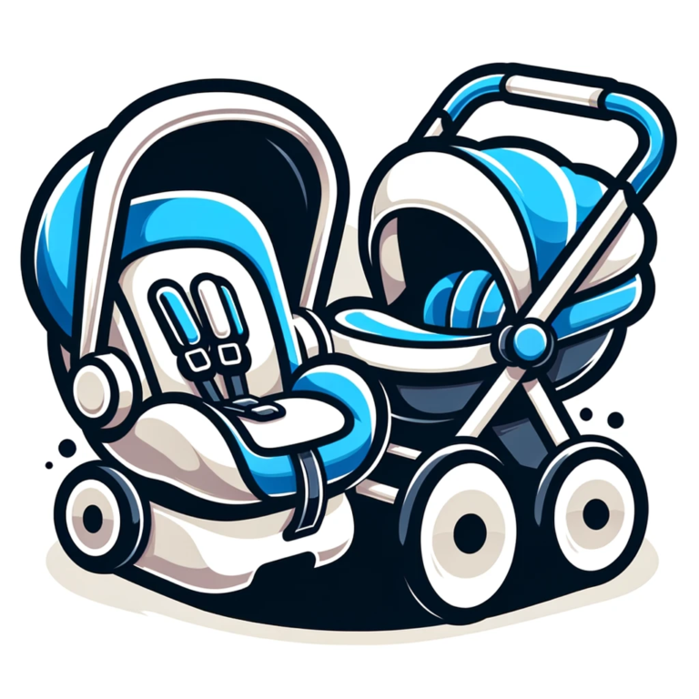 Biało-niebieski dziecięcy fotelik samochodowy oraz wózek dziecięcy